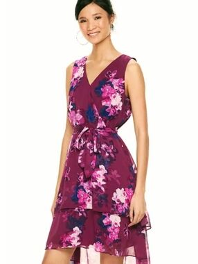 Jennifer Lopez Plum Purple Floral High-Low V-Neck Dress Criss Cross Front Sz. M